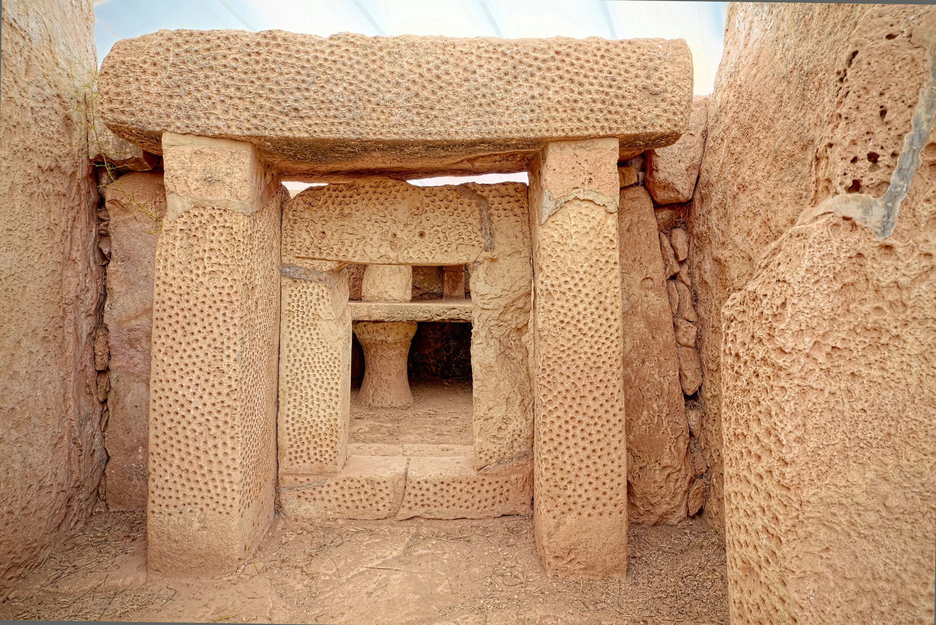 An ancient stone gate at a megalithic temple in Malta. 